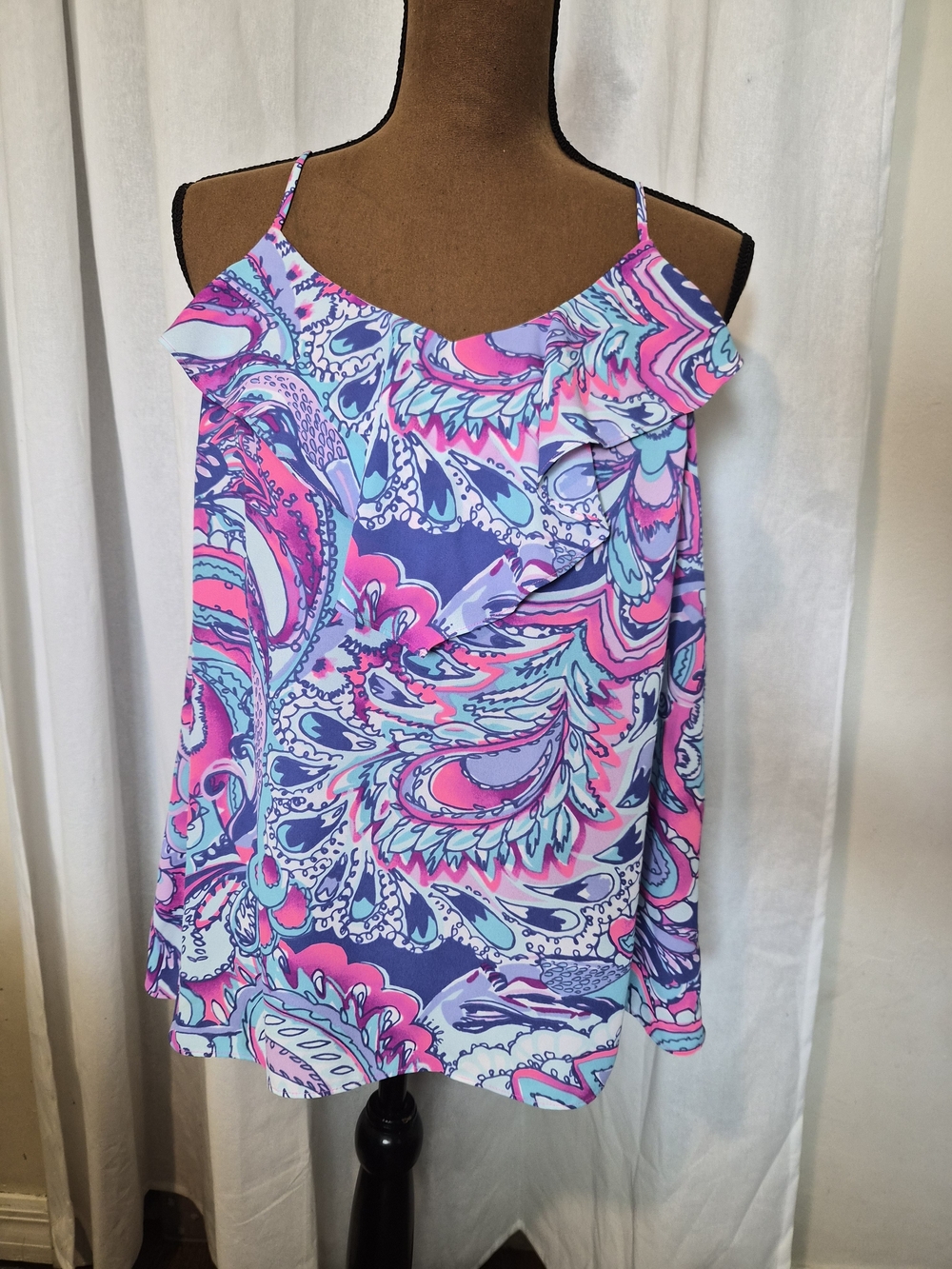 Lilly Pulitzer Pink Blue Purple Paisley Ruffle Tank Top
